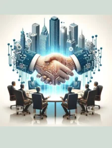 AI-powered business meeting and digital handshake illustration, featured on a site managed by the best social media marketer in Qatar”